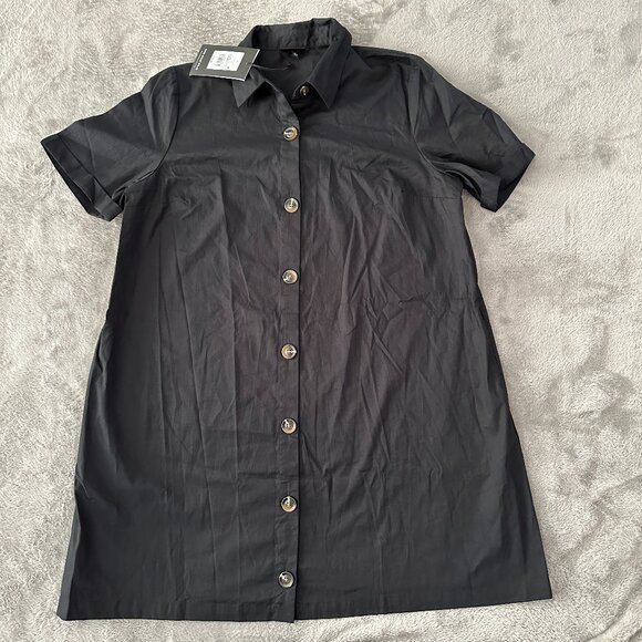 NWT Who What Wear Black 100% Cotton Button Front Collared Dress LARGE Pockets - Picture 1 of 7